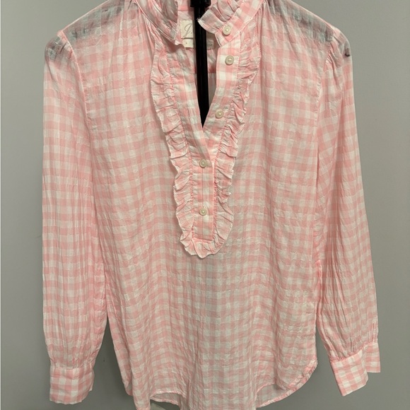 CREW Pink Gingham Ruffle Popover Blouse Cotton Shirt NWT Size 0 - Picture 2 of 7